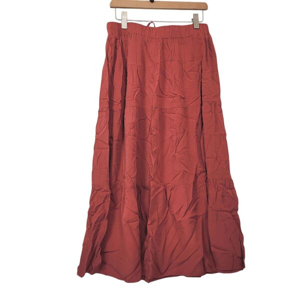 Women's  Pleated Midi  Skirt Drawstring Elastic Waist Red Red Brown Medium - Picture 5 of 8
